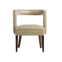 Beautiful contemporary accent chair featuring beige leather with nail head trims on the back and an espresso wood finish on the flared legs.
