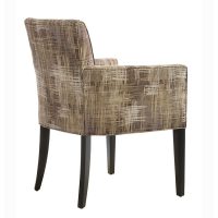 Rear view of the contemporary side chair featuring a beautiful gold patterned fabric and espresso wood finish