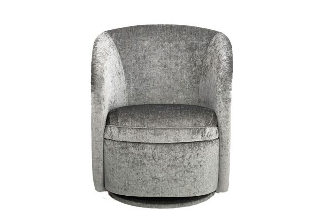 A front facing view of a sleek swivel chair with rounded arms in silver velvet fabric