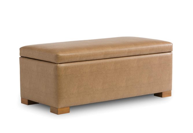 Angled shot of tan, rectangular Naples multi-purpose storage bench from Vogel with light brown legs