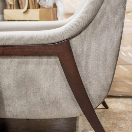 grey sofa with wood arm finish