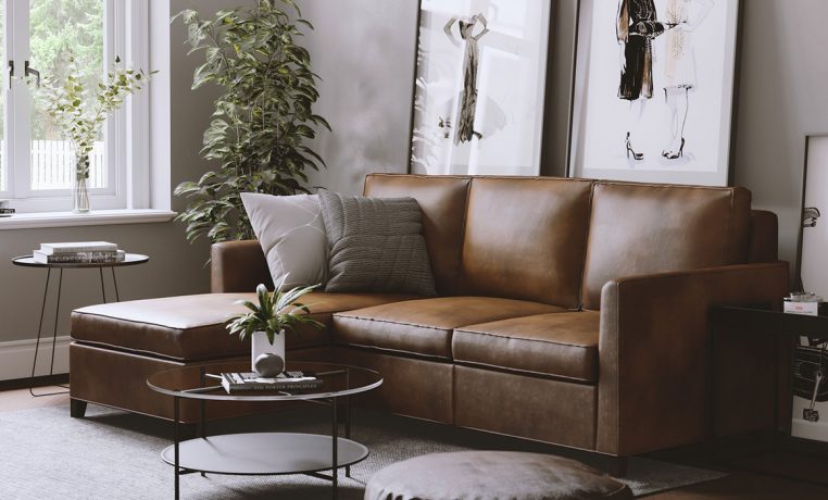 Brown leather sectional with chaise in living room