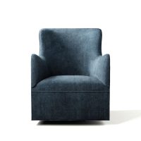 Front facing view of a sleek, modern dark blue velvet swivel glider chair
