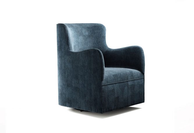 A side view of a sleek, modern dark blue velvet swivel glider chair