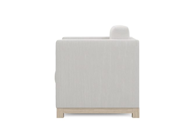 side view of grey modern chair with oak wood base