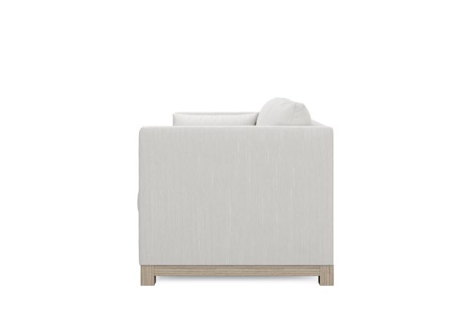 side view of modern condo sofa with wood base