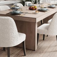 transitional dining chairs around wood table