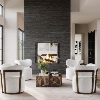 Four white, modern Zara swivel chairs arranged around a coffee table in a modern living room