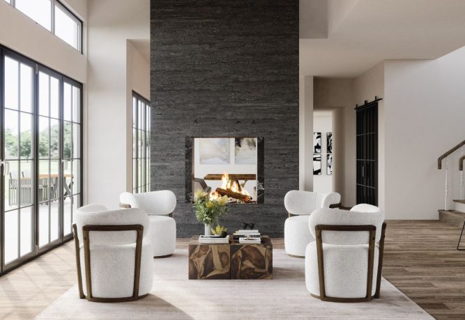 Four white, modern Zara swivel chairs arranged around a coffee table in a modern living room