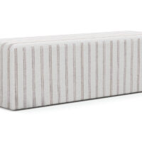 Angled shot of a custom bench made in Toronto by Vogel in a white fabric with tan stripes