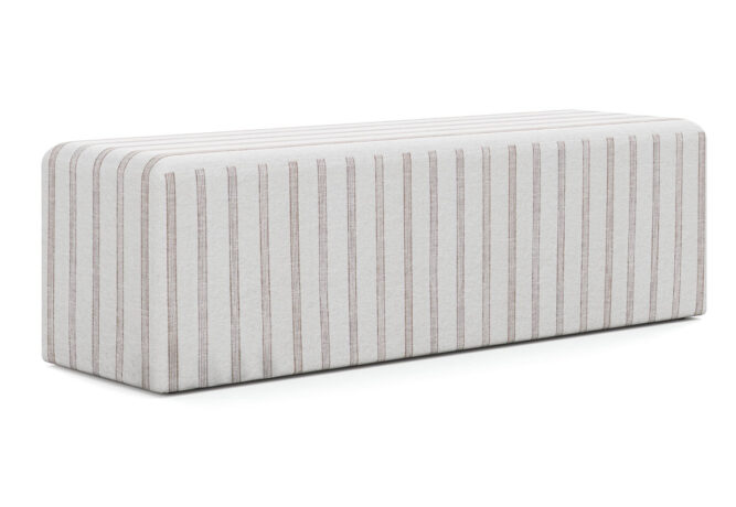 Angled shot of a custom bench made in Toronto by Vogel in a white fabric with tan stripes